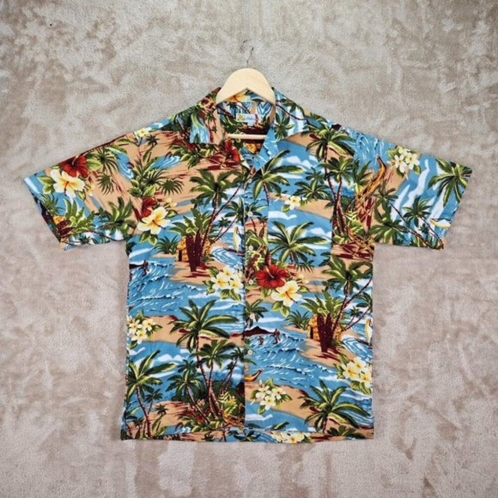 Aloha Joe Hawaiian Shirt Men Size M Maui Coconuts Palm Trees Floral Short Sleeve